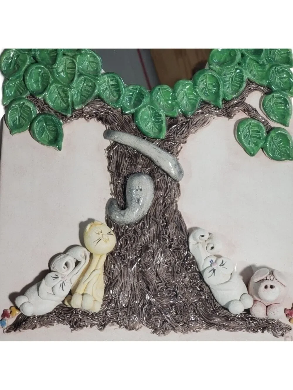 Clay molded Wall Art Mirror cute Tree with animals signed CK